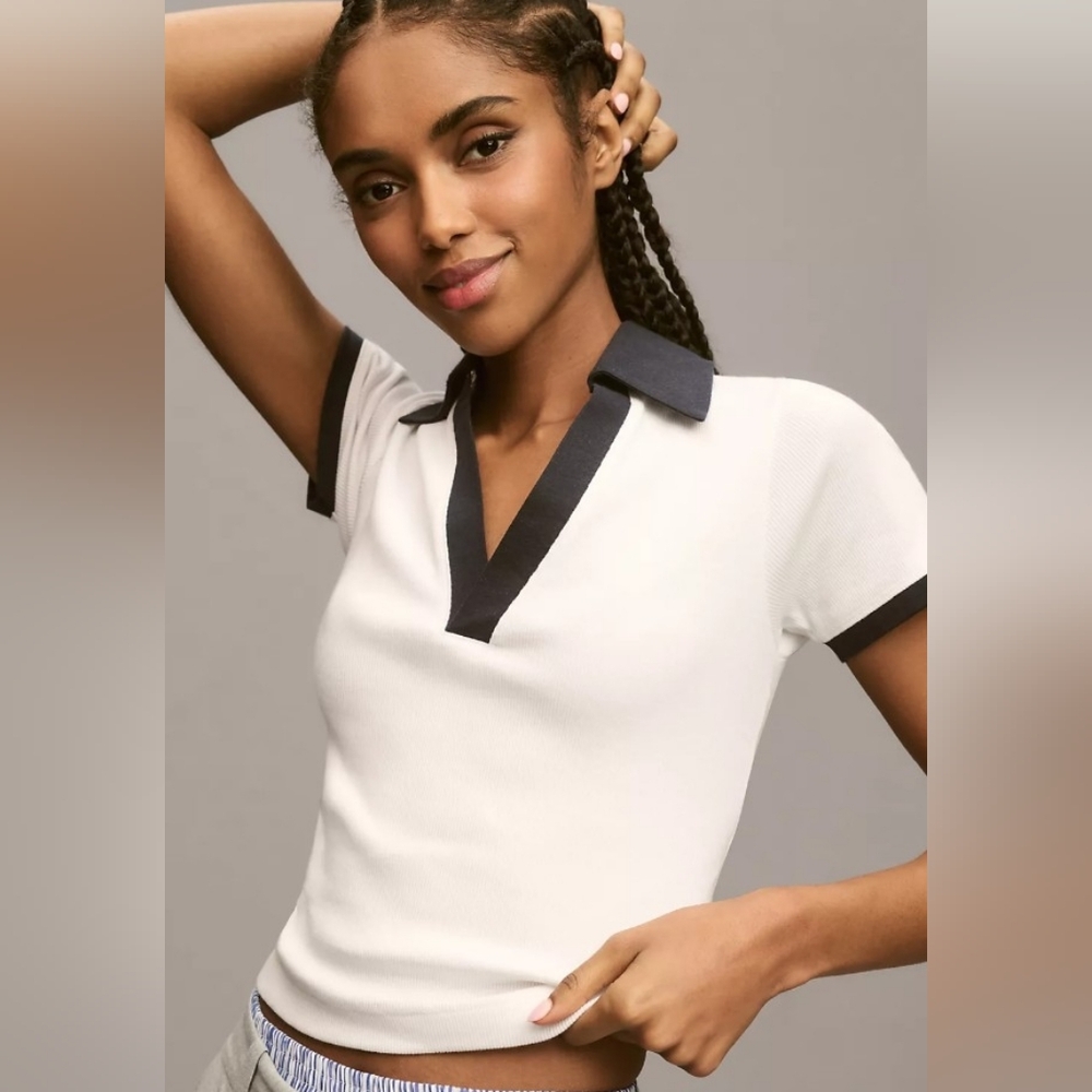 Anthropologie White Short Sleeve Polo Tee with Black Trim